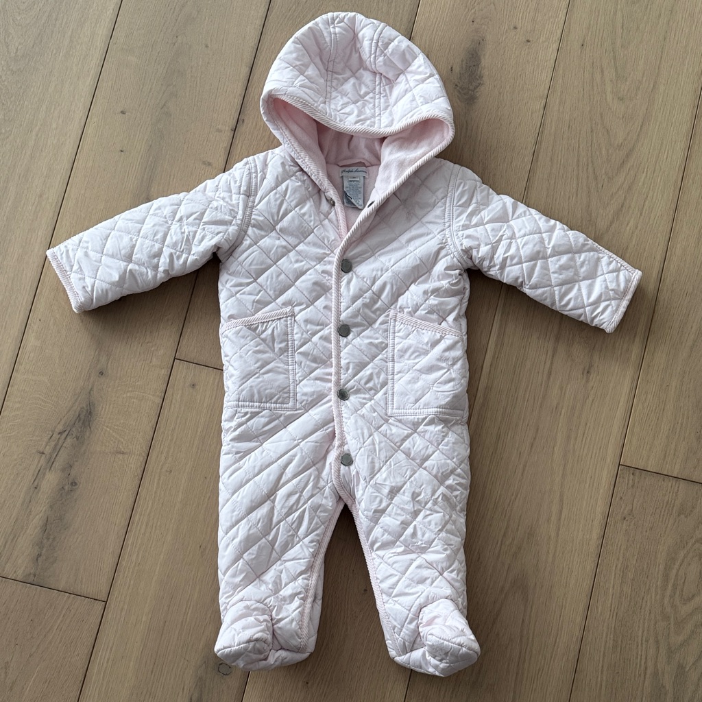 Ralph Lauren Quilted Pink Hooded Baby One Piece - Size 9 Months